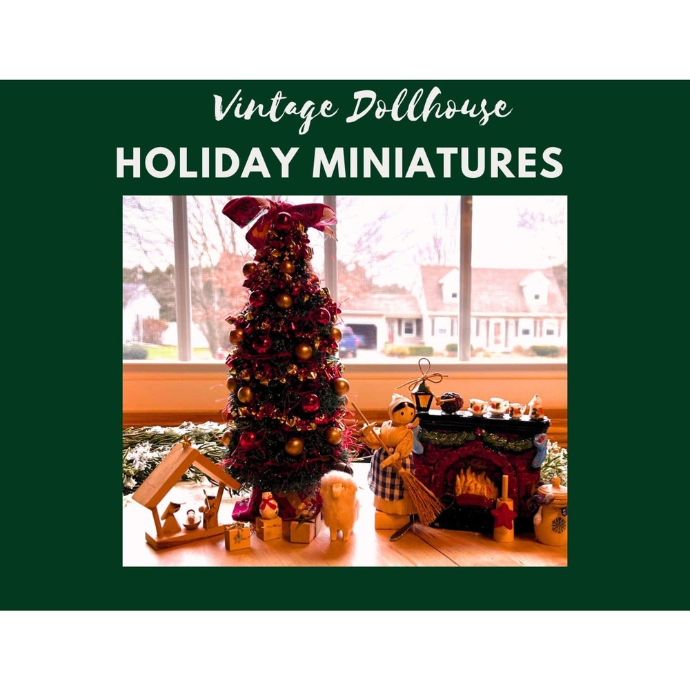 Vintage 15 pc. Set Holiday Dollhouse Miniatures Faux Fireplace Christmas Tree